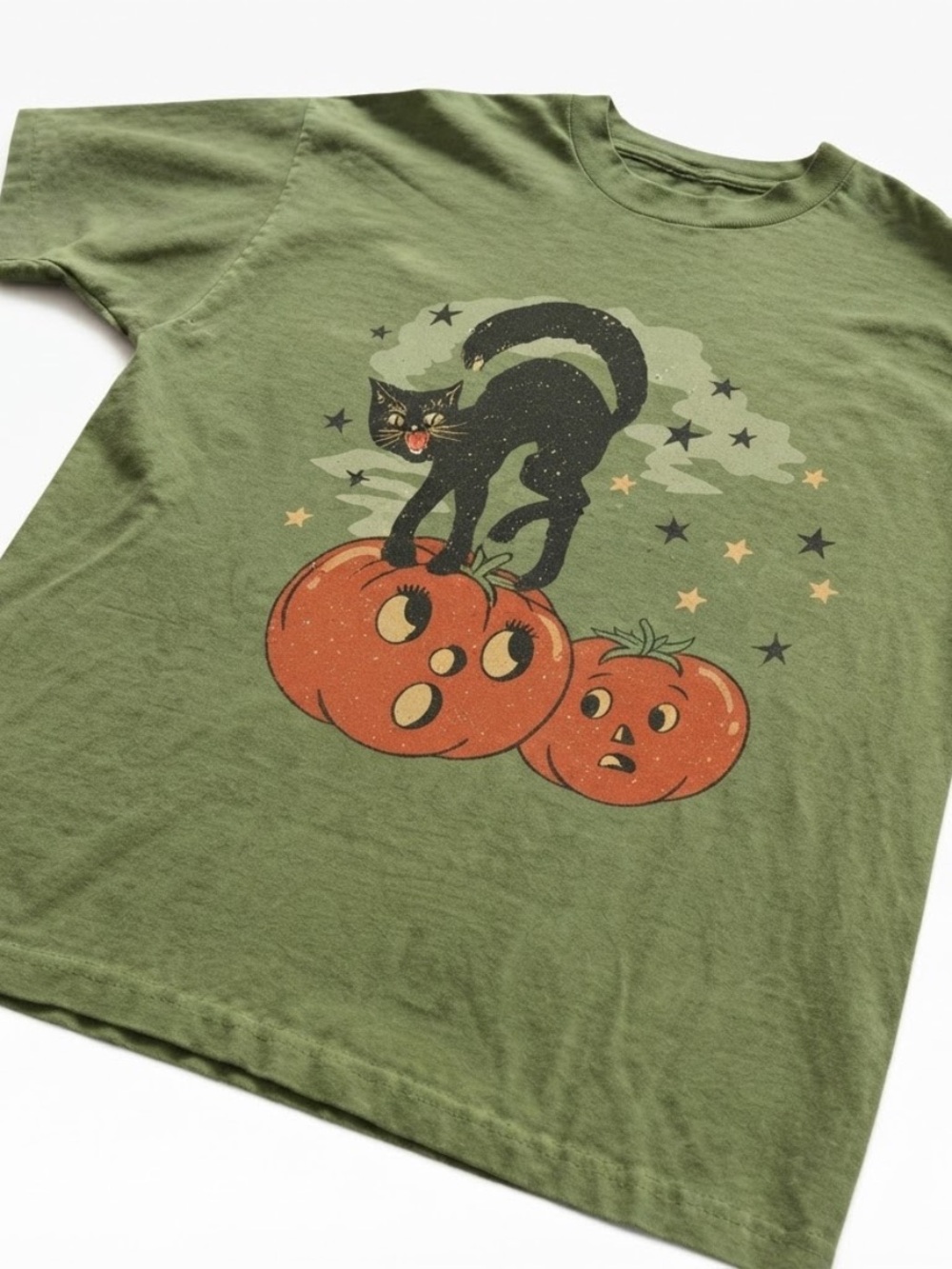 Military Green Halloween Cat & Pumpkins Graphic Tee - Picture 2 of 3